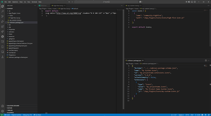 The image shows the Visual Studio Code IDE with code for defining custom icons in an Umbraco project, including JavaScript files for SVG definitions and icon configurations, as well as a JSON file describing the package and its extensions. (Captioned by AI)