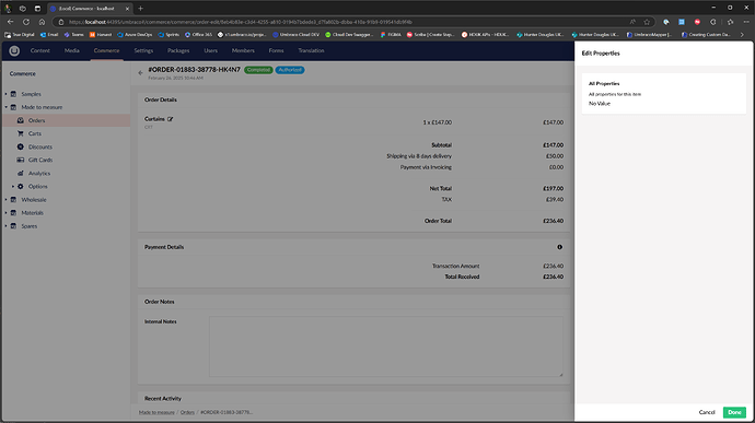 Screenshot of Umbraco Commerce with a custom order line property with view value set