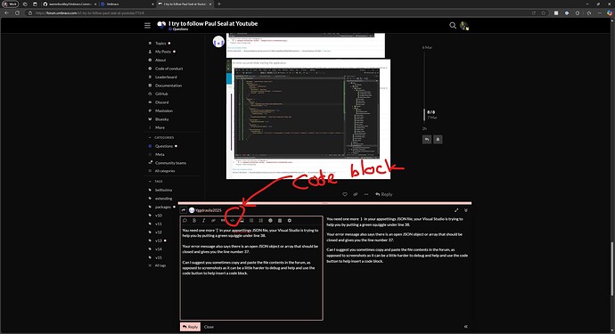 A screenshot shows a person asking for help with their code on a forum, with the suggestion to use the code block button to insert the code instead of using screenshots. (Captioned by AI)