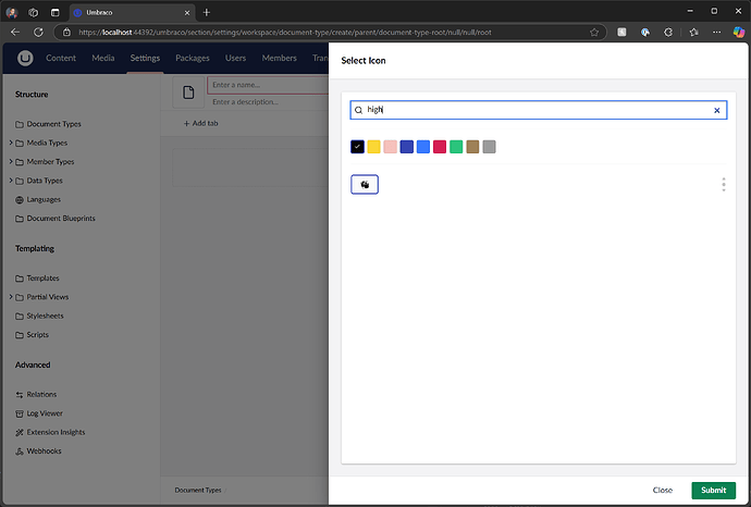 The Umbraco interface shows the "Select Icon" window with a search bar populated with "high", a selection of color choices, and a single relevant icon displayed, alongside the main navigation panel on the left and content creation section in the center. (Captioned by AI)