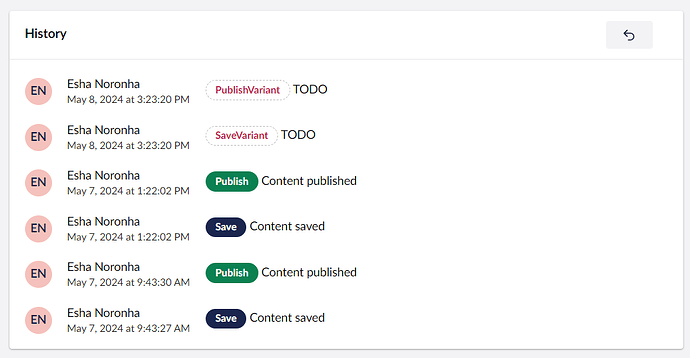 The image shows a history log of content publishing and saving actions by Esha Noronha, with some entries marked as "TODO." (Captioned by AI)