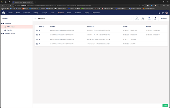 A screenshot of the "Members" section of a website, displaying a table with information about individual members, including their Page Key, Member Key, Seen At, and Read At timestamps. (Captioned by AI)