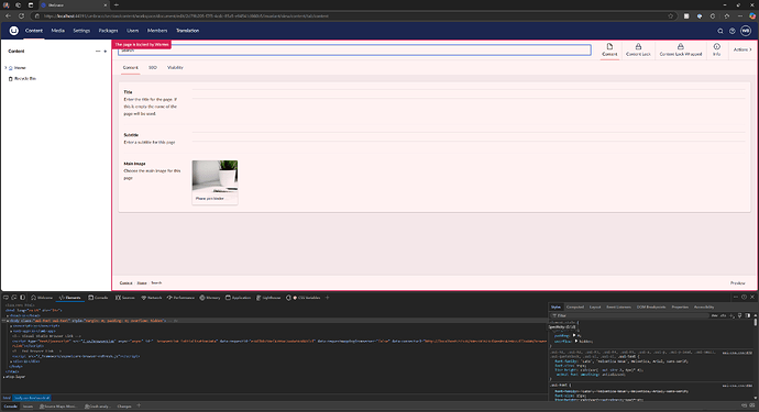 The image shows a web development interface in a browser, displaying a content management system (CMS) page editing screen with input fields for title, subtitle, and main image, alongside a developer console at the bottom showing HTML and CSS code. (Captioned by AI)