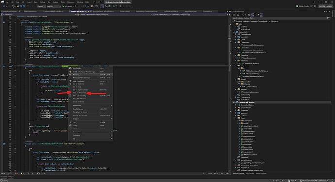The screenshot shows a Visual Studio IDE with C# code related to Umbraco Community ContentLock, where the user is about to use the "Find All References" feature on a selected piece of code. (Captioned by AI)