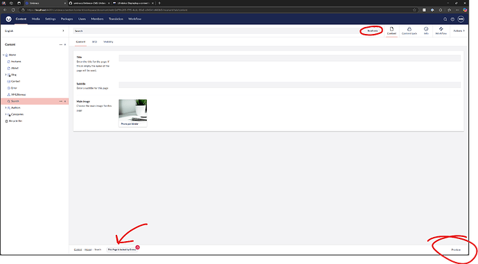 A screenshot of a web content management system interface shows the "Search" content editing screen with fields for "Title," "Summary," and "Main image," along with marked areas for publishing. (Captioned by AI)