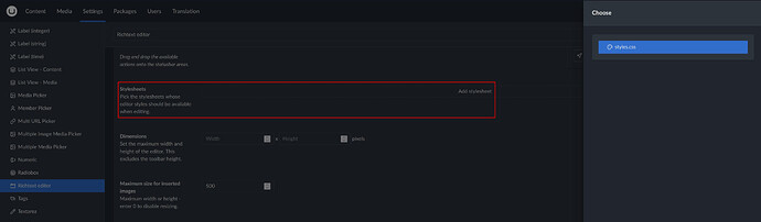 This image shows the Umbraco backoffice with the Richtext editor settings, including options for stylesheets, dimensions, and maximum size for inserted images. (Captioned by AI)