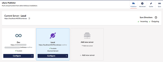 The uSync Publisher interface shows a configuration for pushing and pulling content between Umbraco installations, with a local server highlighted and options to add new servers for synchronization. (Captioned by AI)