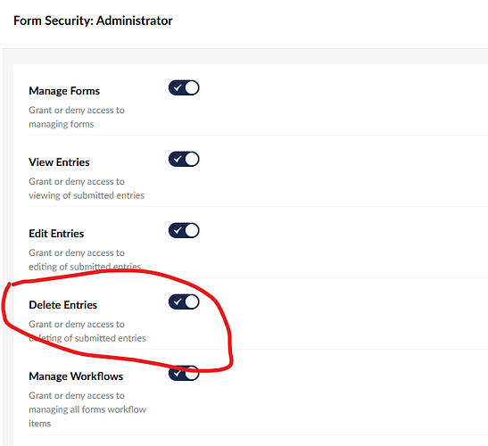The image displays a "Form Security: Administrator" panel with toggles for managing, viewing, editing, and deleting form entries and workflows, all currently enabled. (Captioned by AI)