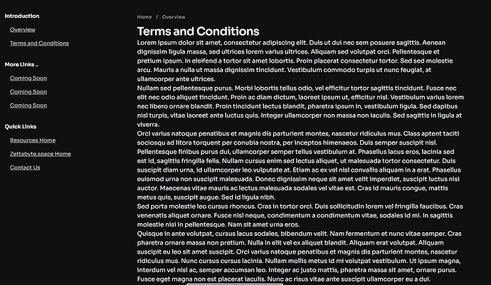 A black screen displays website text labeled "Terms and Conditions", "More Links" and "Quick Links", with a home/overview title at the top right. (Captioned by AI)