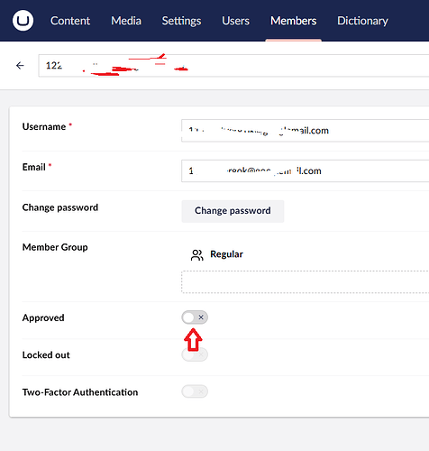 This screenshot displays a user settings page with details such as username, email, password options, member group, and toggles for approval, lockout status, and two-factor authentication, where the "Approved" toggle is currently switched off and pointed to by a red arrow. (Captioned by AI)