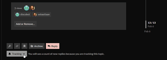 A dark interface shows a thread with 3 views, discobot and sebastiaan listed as members, options for archiving and replying, and a message stating that new replies will be counted because the topic is being tracked, with a date of Feb 6 listed. (Captioned by AI)