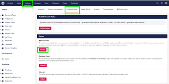 This is a screenshot of the "Settings" section in Umbraco, specifically the "Published Status" page, showing the status of the database cache and offering options to refresh, reload, rebuild, and collect cache-related data. (Captioned by AI)