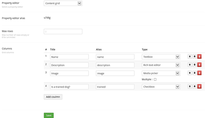 The image shows the configuration interface for a Content Grid property editor, where the user can define columns such as Name, Description, Image, and "Is a trained dog?", along with their respective data types and aliases. (Captioned by AI)