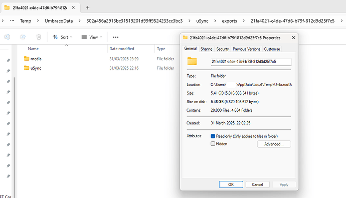 A screenshot of a Windows folder explorer window showing the properties of a folder named "21fa4021-c4de-47d6-b79f-812d9d25f7c5", which is located in the Temp directory and contains 28,099 files and 4,634 folders. (Captioned by AI)
