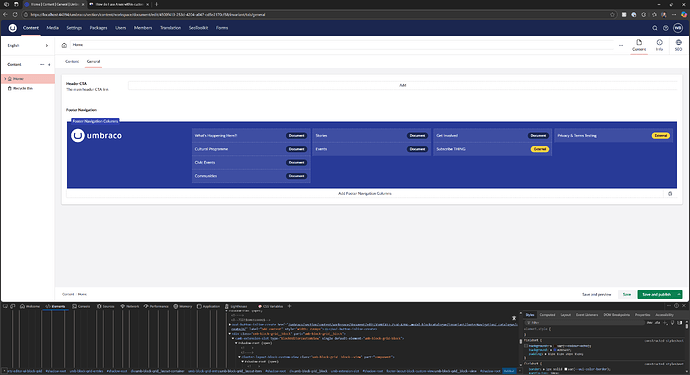 A browser window displays the Umbraco content management system interface, showing the Footer Navigation section with options like 'What's Happening Here?', 'Cultural Programs', and 'Give Direct', along with documentation and content customisation options, and the browser's developer tools open at the bottom. (Captioned by AI)
