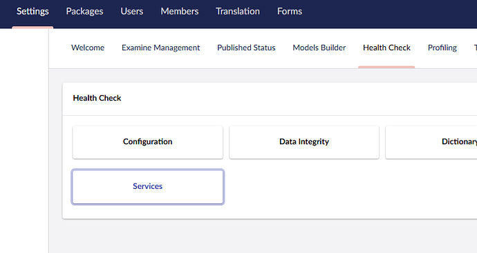 The image shows the "Health Check" section of a website interface, with options for "Configuration," "Data Integrity," "Dictionary," and "Services." (Captioned by AI)
