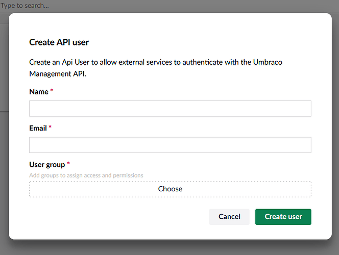 The image shows a "Create API user" form with fields for name, email, and user group, along with "Cancel" and "Create user" buttons. (Captioned by AI)