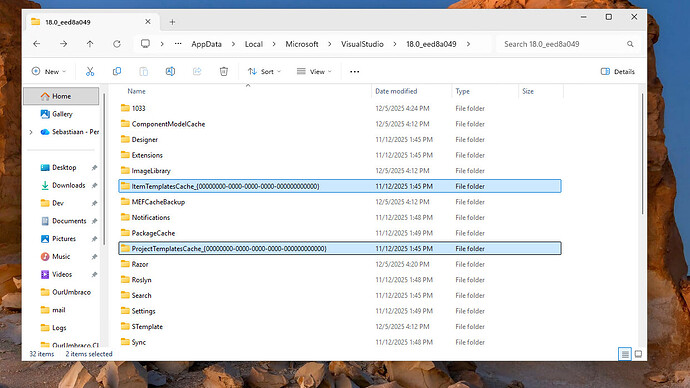A Windows File Explorer window shows the contents of a Visual Studio folder with two highlighted folders, "ItemTemplatesCache" and "ProjectTemplatesCache". (Captioned by AI)