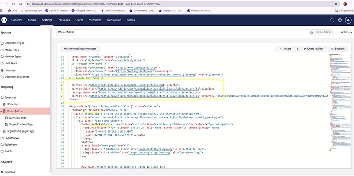 A computer screen displays the code for a "MasterArticle" template in a programming environment, highlighting various script and link elements within the HTML structure. (Captioned by AI)