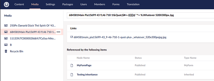 The screenshot shows the media section of a content management system, with the selected media item "684581Main Pia15699 43 9,46 710 1!&Quot;$#+~(){}[]@^'^= %.Whatever 520X300px.Jpg" highlighted, its link displayed, and its references in "MyFormPage" and "Testing inheritance" nodes listed as published items. (Captioned by AI)