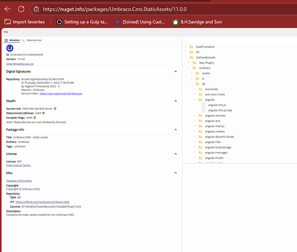 This screenshot shows the NuGet package information and file structure for Umbraco.Cms.StaticAssets version 11.0.0, which includes static assets needed to run the Umbraco CMS, as displayed in a browser window. (Captioned by AI)