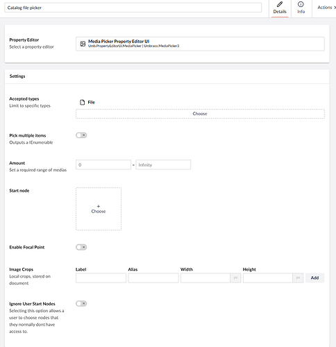 This screenshot shows the configuration settings for a catalog file picker within a content management system, including accepted file types, media range, start node selection, and image cropping options. (Captioned by AI)