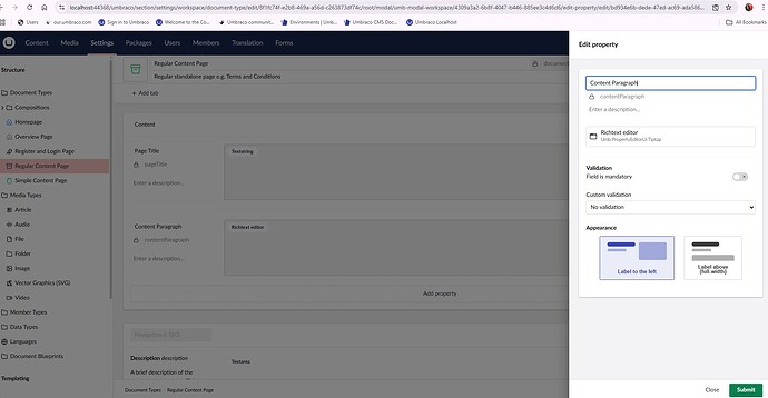 A screen capture shows the editing interface of Umbraco, specifically focusing on the properties of a "Regular Content Page," where the user is editing a content paragraph, setting up validation, and adjusting the appearance settings with options for label placement. (Captioned by AI)