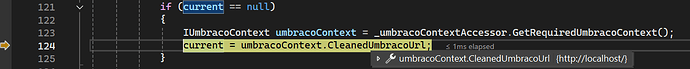 The image shows a snippet of code in a dark IDE, specifically an if statement checking if "current" is null, and if so, setting it to "umbracoContext.CleanedUmbracoUrl", with a tooltip showing that the URL is http://localhost/. (Captioned by AI)