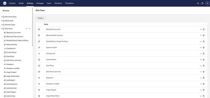 This screenshot shows the "Data Types" section of a website's content management system, displaying a list of various data types, such as "BlockList Icon Links," "Checkbox list," "Date Picker," and "Image Media Picker," within a structured interface. (Captioned by AI)