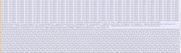 This image shows dense code from a database query, likely used for extracting versioned data from an Umbraco property. (Captioned by AI)