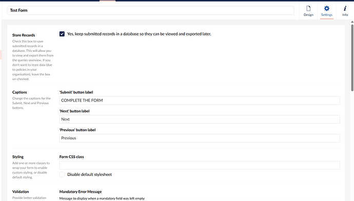 This screenshot shows the settings for a "Test Form," with options to store records, customize button captions, apply styling, and set validation rules. (Captioned by AI)