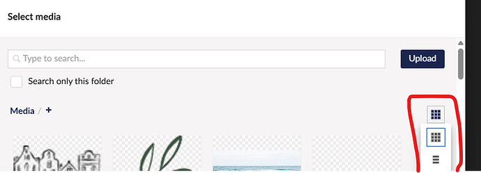 The image displays a "Select media" interface with a search bar, an "Upload" button, and icons for different media display options, including a grid view and a list view, as highlighted by a red circle. (Captioned by AI)