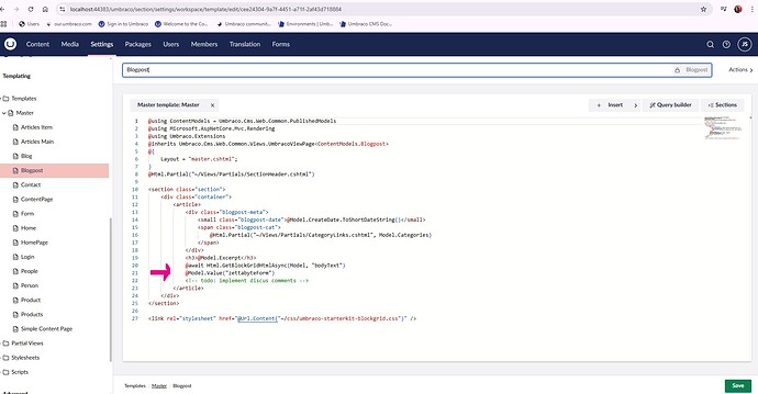 A screenshot shows the Umbraco content management system interface with the template for a blog post being edited in a code editor, featuring HTML and C# code and including placeholders for comments and sections. (Captioned by AI)