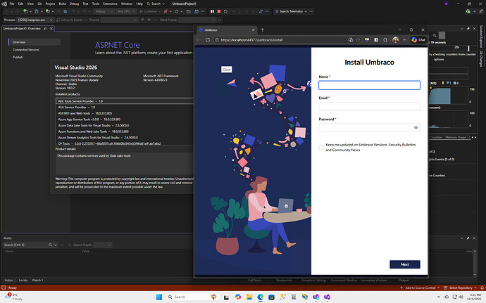 A screen displays Visual Studio 2026 and a webpage for installing Umbraco, with an illustration of a woman using a laptop under floating shapes, indicating a software setup process is underway. (Captioned by AI)