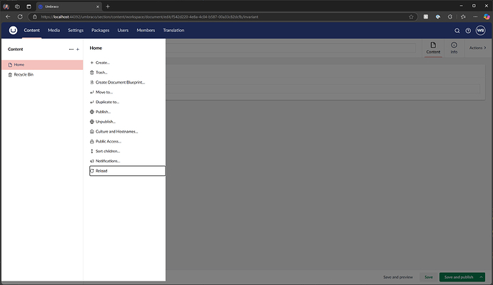 An open Umbraco interface on a computer screen displays the Content section with the "Home" menu expanded to show options like Create, Trash, Publish, and Reload. (Captioned by AI)