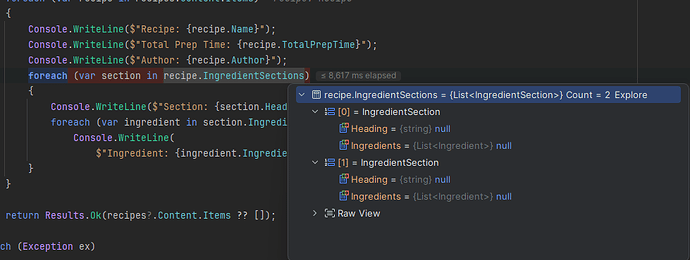 The image shows C# code in a dark IDE with a debugging window displaying the "recipe.IngredientSections" list, which contains two "IngredientSection" objects, both with "Heading" and "Ingredients" set to null. (Captioned by AI)