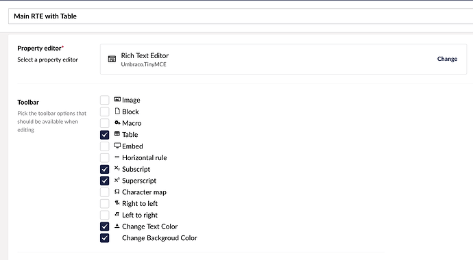 This screenshot depicts the configuration of a Rich Text Editor with the toolbar options for Table, Subscript, Superscript, Change Text Color, and Change Background Color enabled. (Captioned by AI)