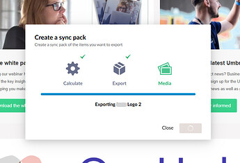 A "Create a sync pack" modal window shows the progress of calculating, exporting, and getting media, with "Exporting...Logo 2" currently in progress. (Captioned by AI)