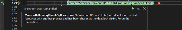 The image displays a "User-Unhandled Exception" error in a code editor, indicating a deadlock in a SQL transaction (Process ID 65) that needs to be rerun. (Captioned by AI)