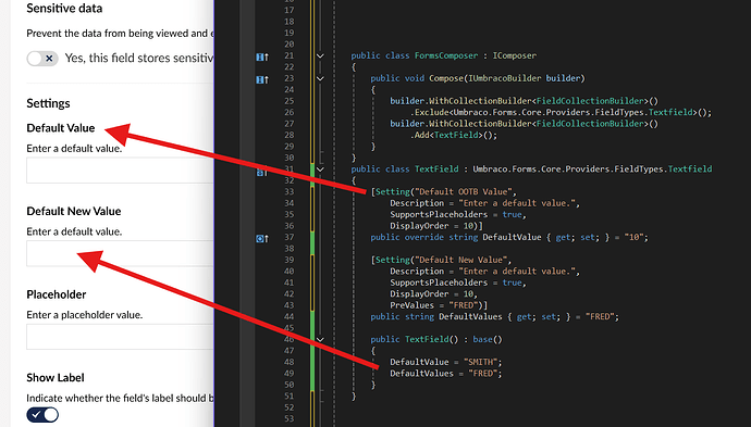 The image displays code snippets related to setting default values in an Umbraco Forms text field, including options for a "Default OOTB Value" and a "Default New Value," as well as corresponding settings in a user interface. (Captioned by AI)