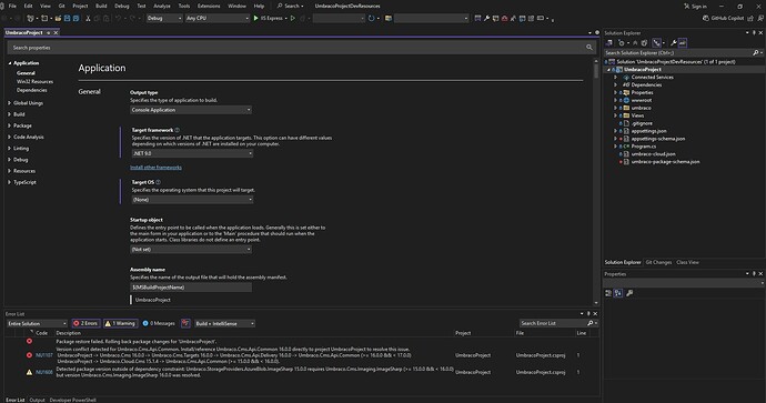 Visual Studio shows the properties of the UmbracoProject application with configurations like output type set to Console Application and target framework set to .NET 9.0, alongside error messages indicating package conflicts and dependency issues within the project. (Captioned by AI)