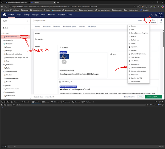 The screenshot shows a software interface where the user is navigating through content related to the European Council, and the interface allows actions like creating, publishing, and managing content, with a specific option highlighted to "Synchronize Grid Content." (Captioned by AI)