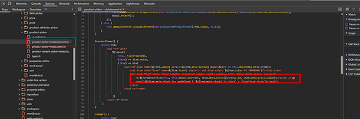 In VS Code, the 'product-picker-modal.elements.ts' file is open, revealing code related to rendering items with details such as label, description, formatted price, and stock information, highlighted in a red box. (Captioned by AI)