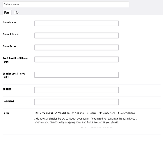 The image displays a digital form with fields for Form Name, Subject, Action, Recipient Email Field, Sender Email Field, Sender, and Recipient, with a note about adding and rearranging rows for layout. (Captioned by AI)