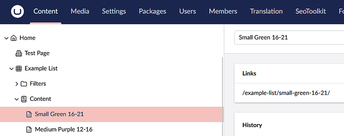 A screenshot of the Umbraco back office. The selected node in the tree has the path Home > Example List > Content > Small Green 16-21. The URL which has been generated for this path, shown in the Node's Info tab, is /example-list/small-green-16-21/