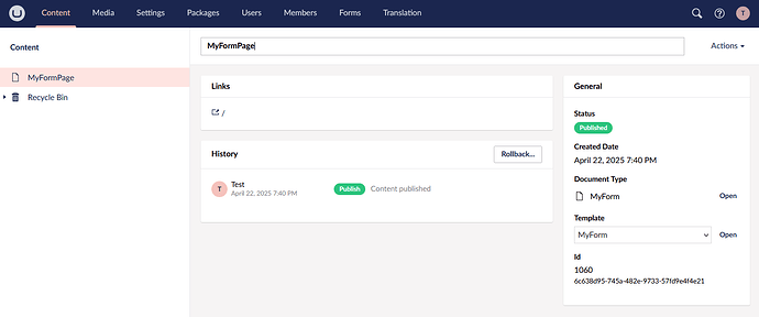 This screenshot showcases the content management interface of a software platform, displaying the details of a 'MyFormPage' including its links, history, general status as published on April 22, 2025, and template associated with a 'MyForm'. (Captioned by AI)