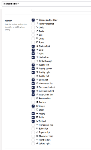 The image shows the configuration options for a rich text editor, with various toolbar options that can be selected for availability during editing, many of which are currently enabled. (Captioned by AI)