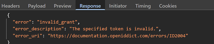 A screenshot shows an API response in JSON format indicating an error: "invalid_grant" and describing it as "The specified token is invalid." along with an error URI for documentation. (Captioned by AI)