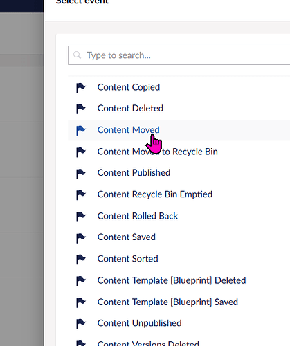 A pink mouse cursor is hovering over the "Content Moved" option in a "Select Event" dropdown menu. (Captioned by AI)