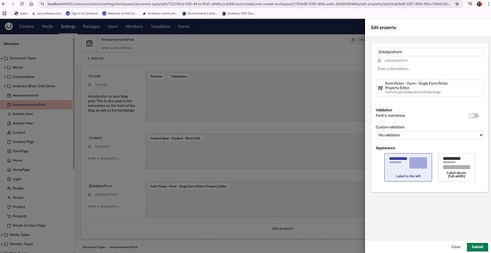 A screenshot of the Umbraco content management system shows the configuration settings for an "Announcements Post" document type, including fields for excerpt, content, and a "ZettabyteForm" with options to make the field mandatory and choose the appearance of the label. (Captioned by AI)